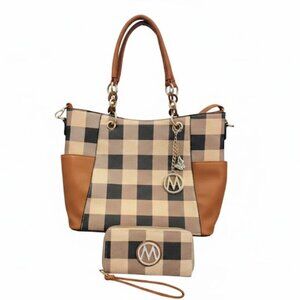 NWOT Mia K Collection Checkered Tote & Wristlet Wallet Set - Brown/Beige